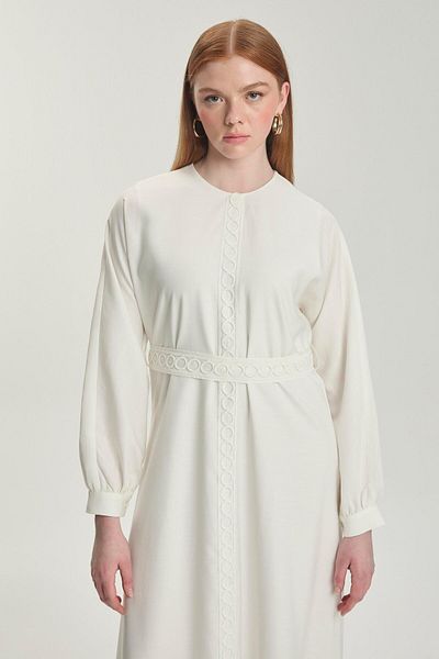Zühre Ring Motif Belted Ecru Dress E-0495