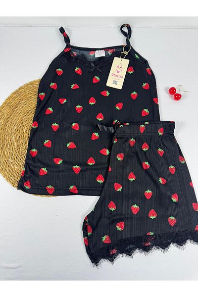 FUNELLA Set de pijamale cu bretele cu model de căpșuni negre