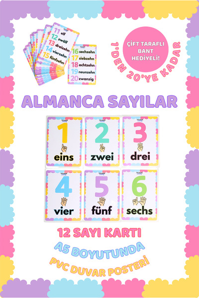 The Grade Almanca Sayılar (1'den 20'ye kadar) Duvar Posteri Çocuklar İçin Eğitici Poster Almanca eğitici set