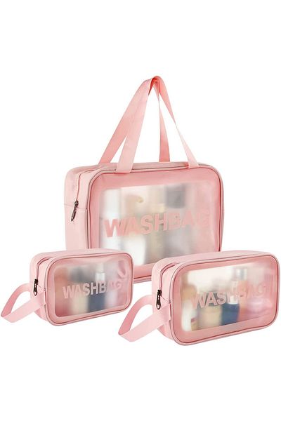 TECOS Set genti de voiaj pentru cosmetice, Tecos, 3 dimensiuni diferite, impermeabile, roz