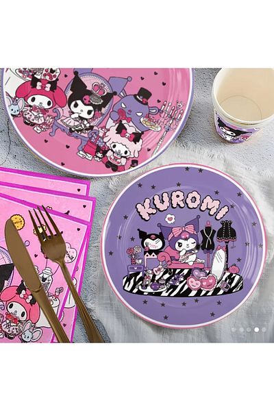 So Iconic Set de petrecere de aniversare cu 50 de bucăți Sanrio Kuromi pentru 10 persoane / farfurie, ceașcă, șervețel din carton