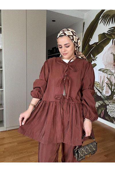 Aselim Hijap Moda Διπλό κοστούμι με βολάν δεμένο υφασμάτινο παντελόνι Acıkahve