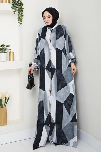 Moda MSK Viscose Long Buttoned Dress gray black