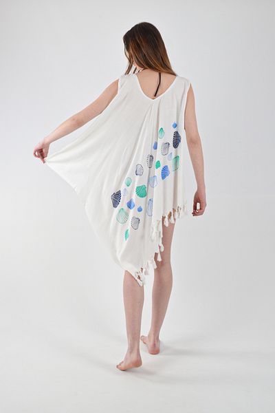 REİNA TEKS Bell Dress Seashell Print Asymmetrical Dress Cotton Beachwear 1 Pcs Pareo Beachwear