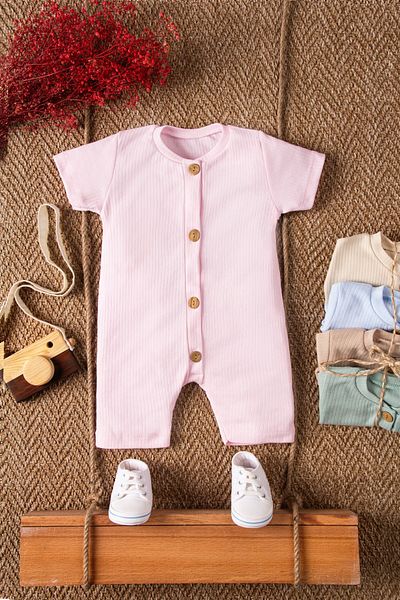 Mai Perla Short Sleeve Wooden Buttoned Organic Jumpsuit Baby Set