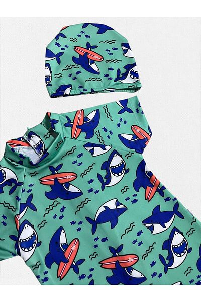 Fil Kids Boys Turquoise Color Surfer Shark Print Short Sleeve Tight Woven Quick Dry Bonnet Swimwear
