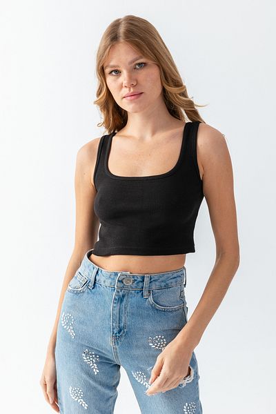 lidya lingerie Black Ribbed Knitted CROP TOP with Thick Straps