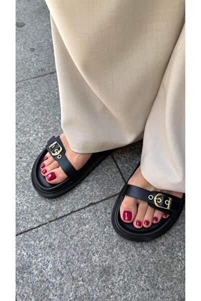 Eataly Shoes Double Banded Gold Buckle Soft Molded Slippers Black