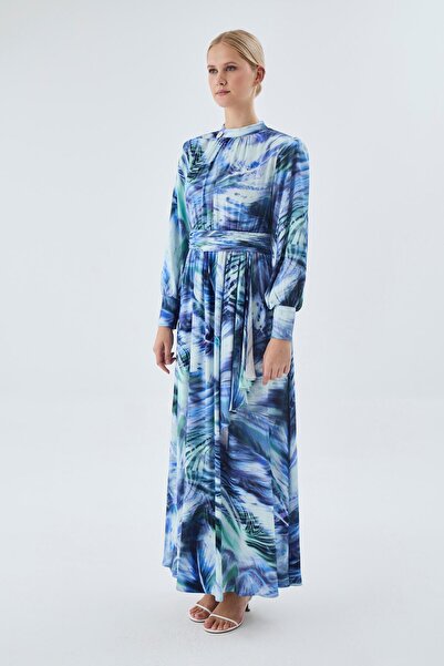 Zühre Μπλε μακρύ φόρεμα με σχέδιο E-0455