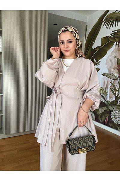 Aselim Hijap Moda Side Tie Waist Cinch Pleated Modal Woven Suit Beige