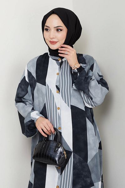 Moda MSK Viscose Long Buttoned Dress gray black