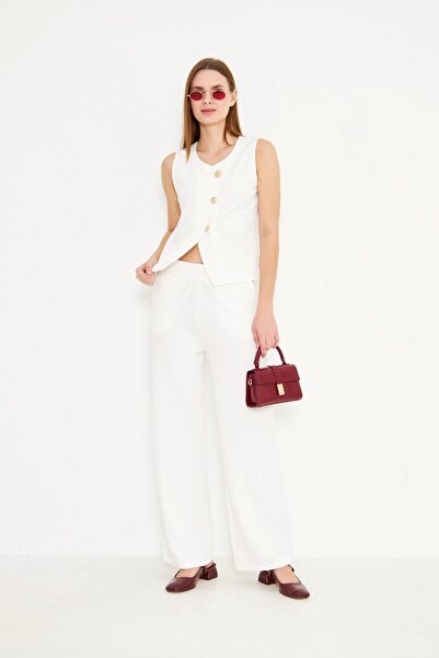 Genel Markalar Kadın Trend Dokulu Biyeli V Yaka Kolsuz Yelek Ekru