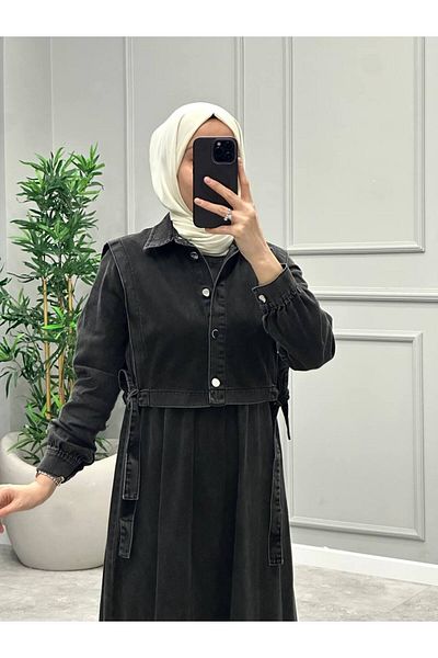 OlaLady فستان نسائي من قماش الدنيم مع سترة مربوطة على الجانبين