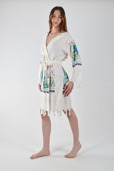 REİNA TEKS Viscon Pareo Kimono Cotton Printed Belted 1 Piece Unisex Turtle Pattern Peshtemal Bathrobe