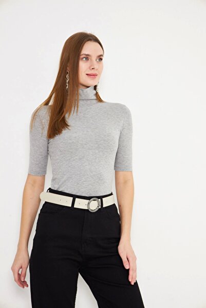 Akabi تي شيرت نسائي نصف الياقة المدورة وأكمام قصيرة رمادي ميلانج