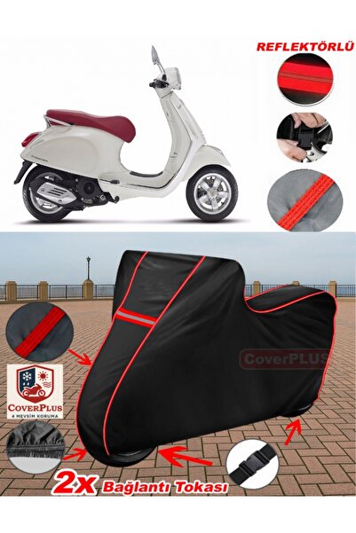 CoverPlus Vespa Primavera 150 Branda SİYAH Motosiket Brandası Motor Örtüsü Çadır (Kırmızı Dikişli)