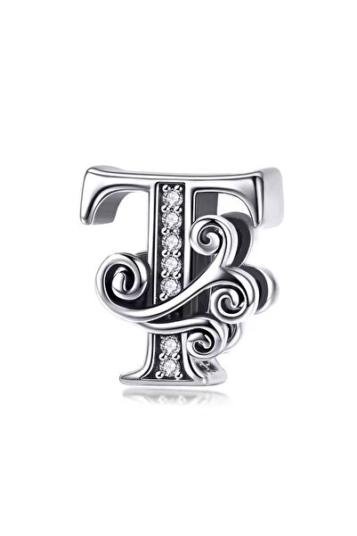 Fubena Dalgalı Desenli T Taşlı Harf Gümüş Charm