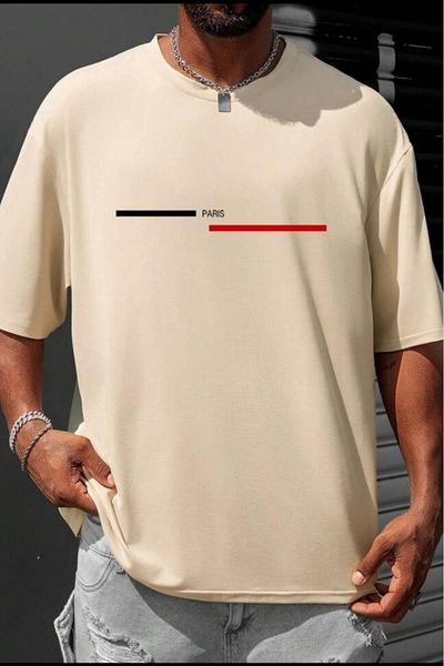 NO 601 Ανδρικό μπλουζάκι με μπεζ ριγέ Paris printed oversize