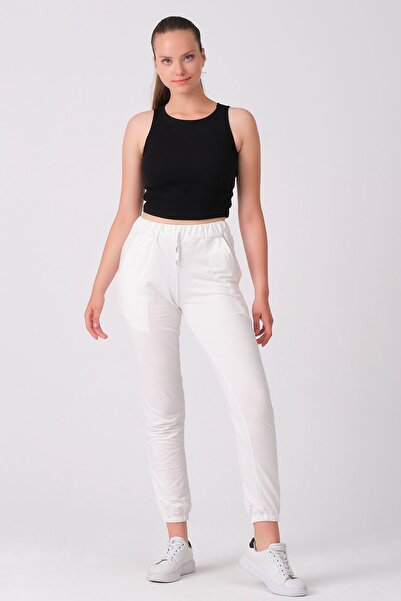 As Collection Λευκό βαμβακερό γυναικείο φούτερ με ελαστικό κορδόνι στη μέση