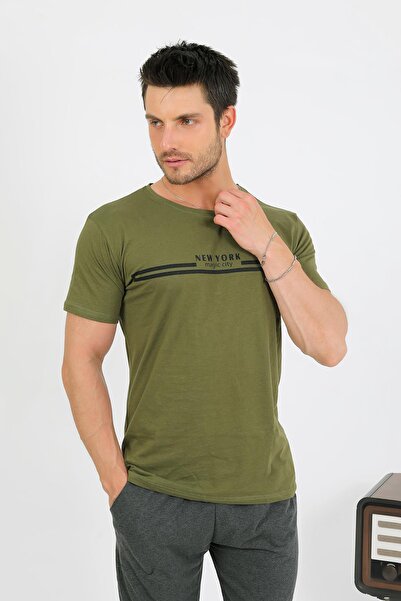 Akbeniz Ανδρική βαμβακερή κοντομάνικη φόρμα πιτζάμα Khaki 6875