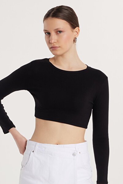 Tudors Women's Slim Fit Modal Fabric Cotton Crew Neck Black Blouse