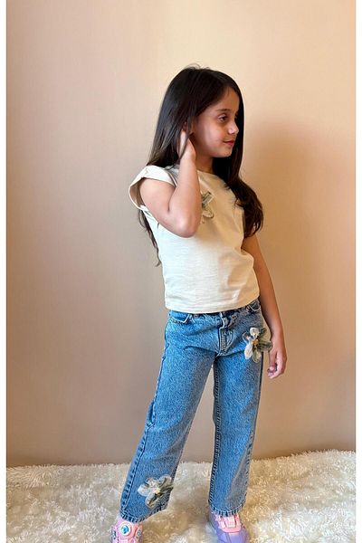 chacharon Girl's T-Shi̇Rt Çi̇Flower Appli̇Keli̇ Jeans Çi̇Flower Appli̇Keli̇ Bottom Top Set