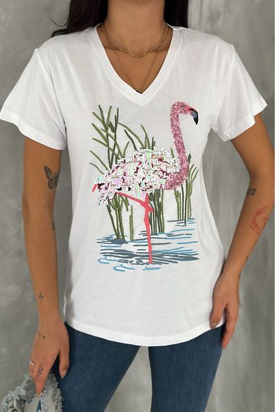 FEMELLE Tricou alb pentru femei, cu decolteu în V, cu paiete și broderie, brodat, 100% bumbac