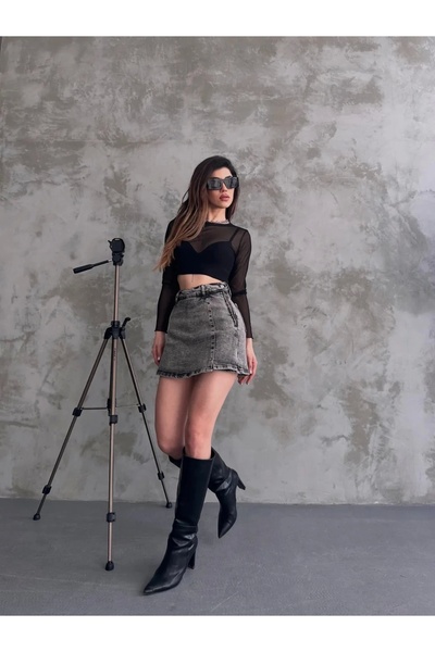 Genel Markalar Yırtmaç Detaylı Denim Şort Etek