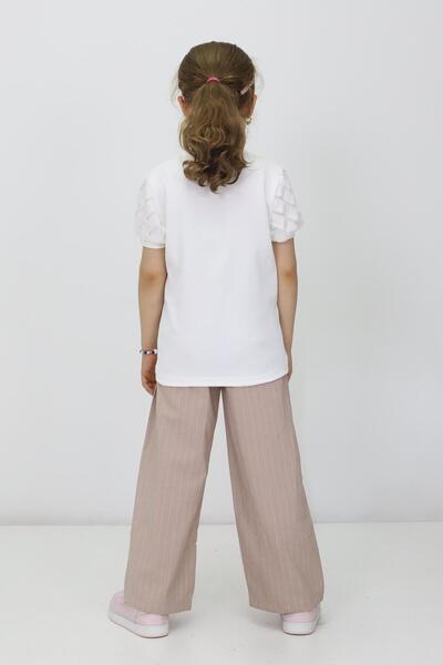 RAPİDO LİFE Girl's Summer Printed Short Sleeve T-Shirt Striped Pattern Belted Pants Two Piece Set