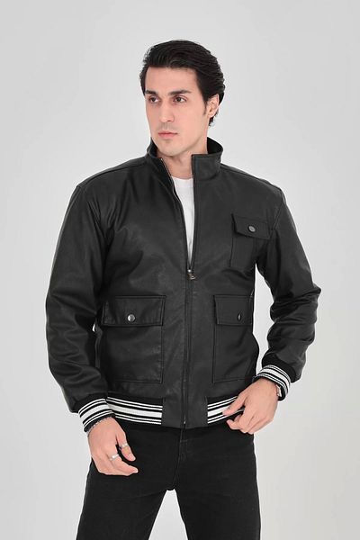 MODA Men's Zippered Fiber and Lined Faux Leather Jacket - Black