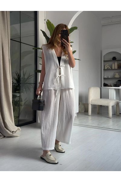 My Blog White Samantha Tied Vest Trousers Suit - 51155