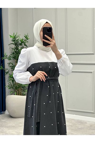 OlaLady Γυναικείο πουκάμισο με λεπτομέρεια με πέρλες τζιν τζιν μουσουλμανικό φόρεμα