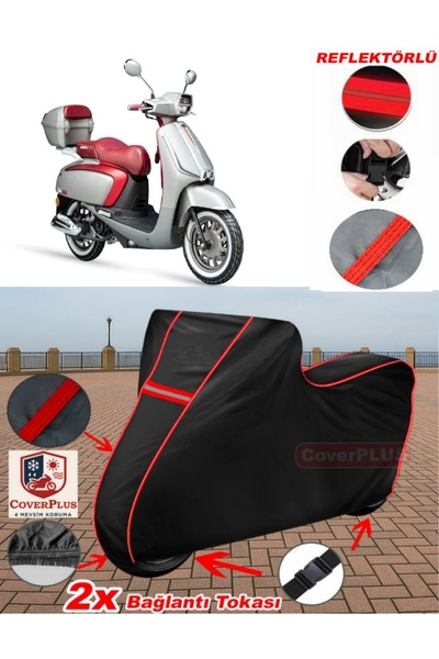 CoverPlus Arora Mojito 50 Branda SİYAH Motosiket Brandası Motor Örtüsü Çadır (Kırmızı Dikişli)