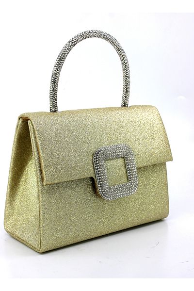 Çanta Sepetim Women's Silver Silvery Stone Buckle Detailed Portfolio Stone Handle Evening Dress Bag