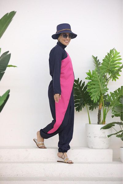 NS TASARIM MAYO Ocean Pink Striped Navy Blue Design Hijab Jumpsuit Swimsuit