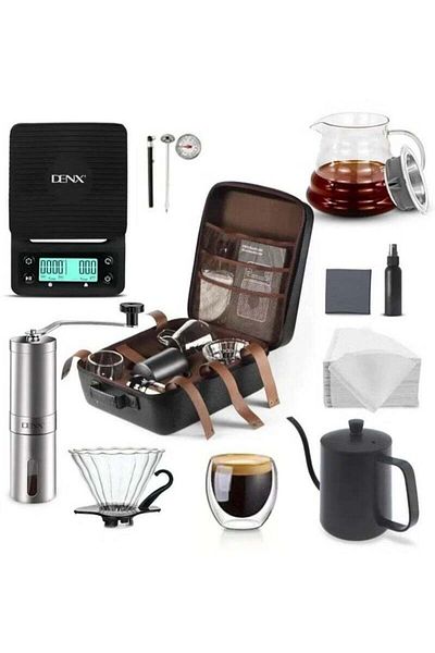 Denx Professional Coffee Drip Set V60 Drip Tools 12 Piece Set with Coffee Bag, Black, Leather