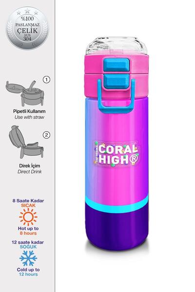 Coral High Kids Kız Desenli Pipetli ve Direkt İçim Çelik Termos 500 ml