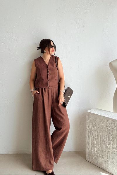 ELVAN TOLON Brown raw linen vest pants set