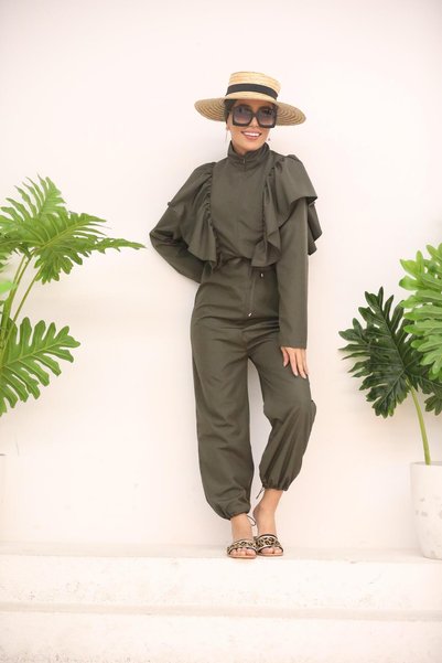 NS TASARIM MAYO Khaki Design Hijab Parachute Fabric Jumpsuit Swimsuit with Colored Shoulders