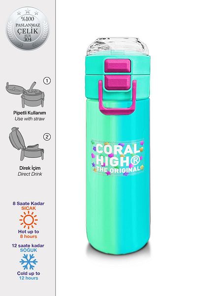 Coral High Kids Girl Patterned Straw and Direct Drinking Steel Thermos 500 ml