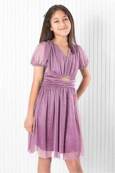 SUBU TASARIM Balloon Sleeve Silvery Tulle Evening Dress Lilac Mdv936