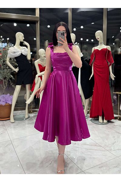 missswans Lilit Strap Bow Detailed Low Back Midi Length Shiny Evening Dress Purple
