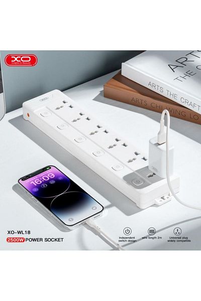 REDz Accessories Extension Cord XO-WL18 EU, 6 Sockets with Individual Switches, 2500W, 2m Cable, White