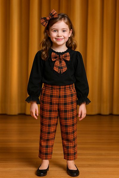 Hilal Akıncı Kids Girl's Piece Detailed Black Blouse Plaid Patterned Trousers Buckle 3-Piece Set