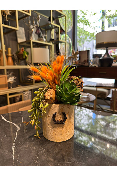 dekorbia Traverten Mermer Sukulent Aranjmanı-1 (12x22h cm)