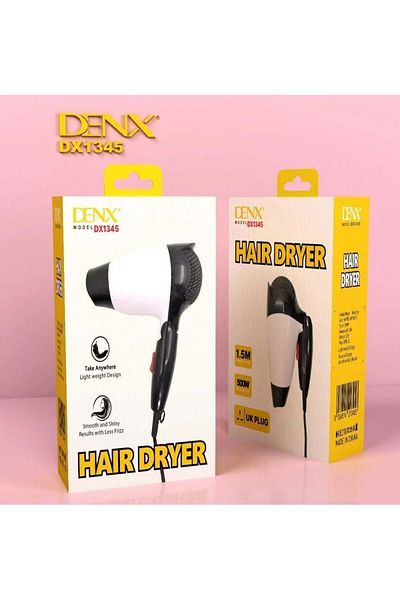 Denx مجفف شعر أيوني احترافي 500 واط، محرك تيار متردد سريع الجفاف، سرعتان، موزع وفوهة - أبيض
