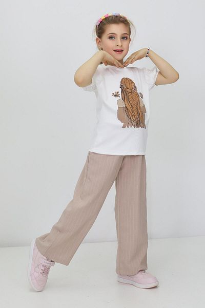 RAPİDO LİFE Girl's Summer Printed Short Sleeve T-Shirt Striped Pattern Belted Pants Two Piece Set