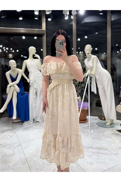 missswans Blar Rochie Midi cu centură cu model și spate elastic Bej