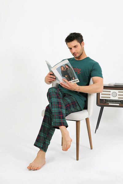 Akbeniz Men's Cotton Short Sleeve Pajama Set Emerald 6875