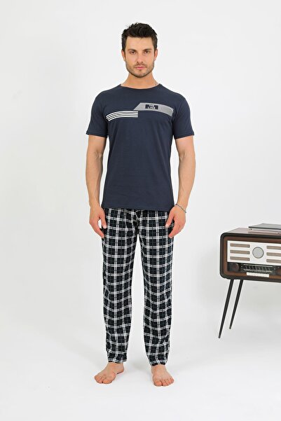 Akbeniz Чоловічий бавовняний піжамний комплект з короткими рукавами, темно-синій 6875